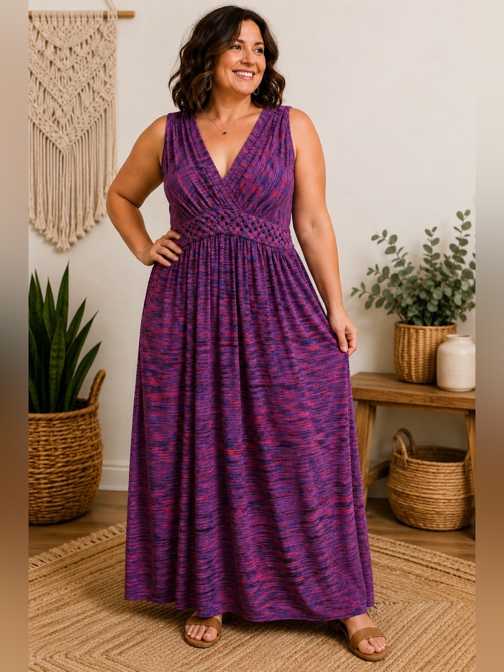 Spense XL Purple Pink Space Dye Braided Waist Sleeveless Boho Maxi Dress